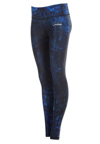 Leggings attillati realizzati in tessuto elastico, caratterizzati da un motivo geometrico blu scuro con sottili accenti più chiari e un design a vita alta.