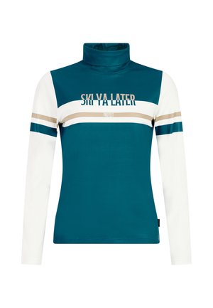Teal dugi rukav turtleneck s bijelim rukavima, s grafikom "SKI YA LATER" i horizontalnim prugama u bež i tamno tirkiznoj boji.