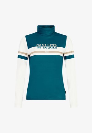 Turkusowy golf z długim rękawem z białymi rękawami, z nadrukiem tekstu "SKI YA LATER" oraz poziomymi paskami w odcieniach beżu i ciemnego turkusu.