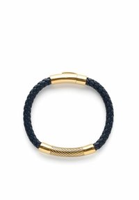 Svart flätad läderarmband med en guldtonad böjd lås med en snodd mönsterdetalj. Slät textur med en elegant design.