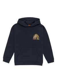 Sweat-shirt bleu marine en coton doux avec une poche frontale et une capuche. Présente un logo graphique jaune sur la zone du côté gauche de la poitrine.