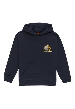Sudadera azul marino de algodón suave con un bolsillo frontal y capucha. Presenta un logo gráfico amarillo en el área del pecho izquierdo.