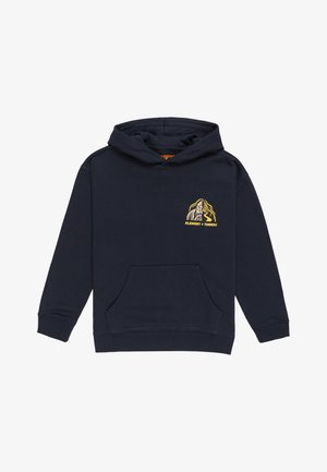 Marineblauwe hoodie van zacht katoen met een buidelzak en een capuchon. Heeft een geel grafisch logo op de linkerkant van de borst.
