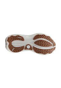 Weißer Sportschuh-Außensohle mit braunen Gummitraktionsmustern, versehen mit "PUMAGRIP" Branding und einer glatten, strukturierten weißen Zwischensohle.