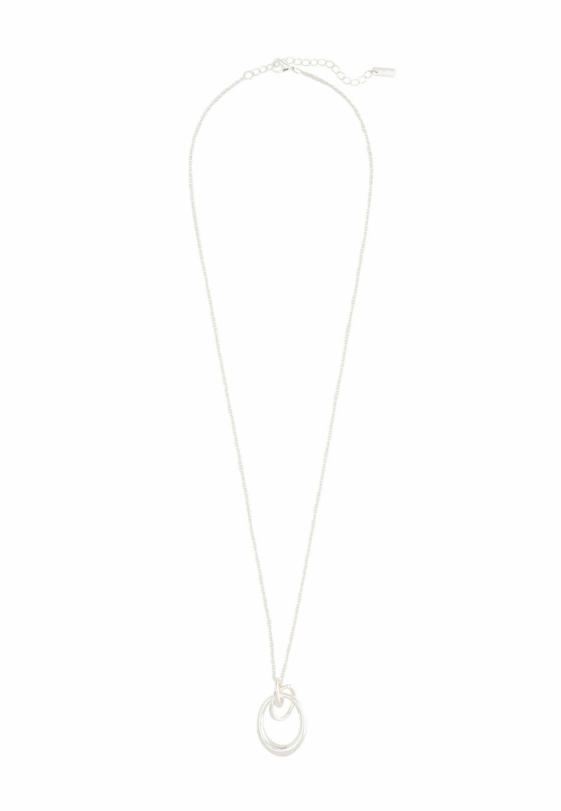 Collier en argent avec un pendentif en cercles entrelacés, sur une fine chaîne avec un fermoir ajustable. Design épuré et minimaliste.