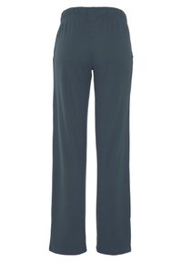 Dunkelblaue gerippte Hose mit einem elastischen Bund, ausgestattet mit zwei Seitentaschen und einem geraden Bein Design. Weicher, strukturiertes Material.