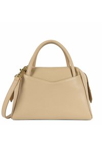 Borsa a tracolla in pelle beige con una forma strutturata, doppi manici e tracolla regolabile. Presenta un sottile motivo a onda sul fronte.