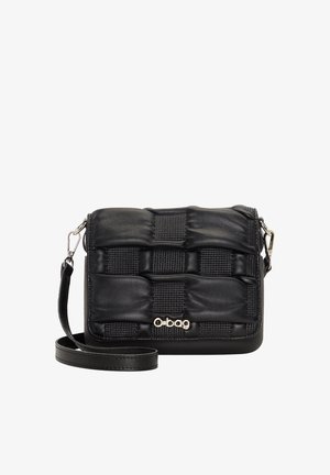 Black crossbody bag featuring a woven texture, smooth leather material, silver hardware, and an adjustable strap. Logo tag visible on the front.