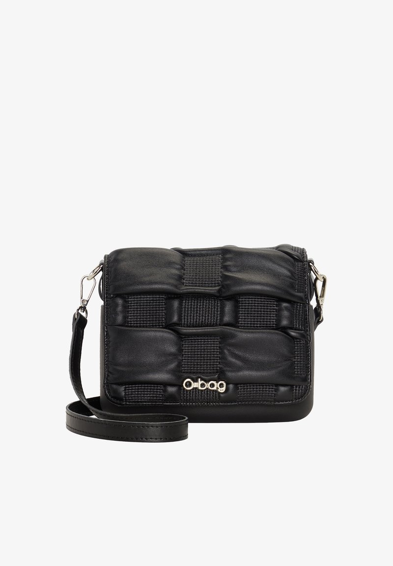 Black crossbody bag featuring a woven texture, smooth leather material, silver hardware, and an adjustable strap. Logo tag visible on the front.