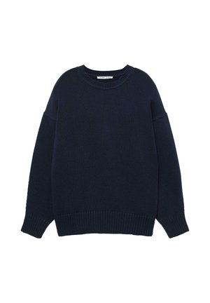 Tmavomodrý sveter s okrúhlym výstrihom, dlhými rukávmi a rebrovanými manžetami a lemom, rozložený na bielom pozadí.