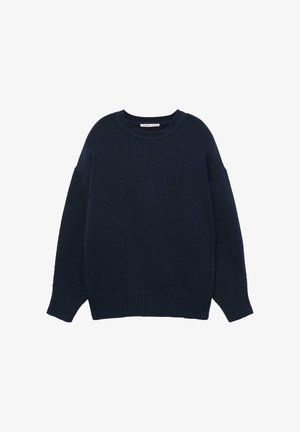 Pull en tricot bleu marine à col rond avec manches longues et poignets et ourlet côtelés, posé à plat sur un fond blanc.