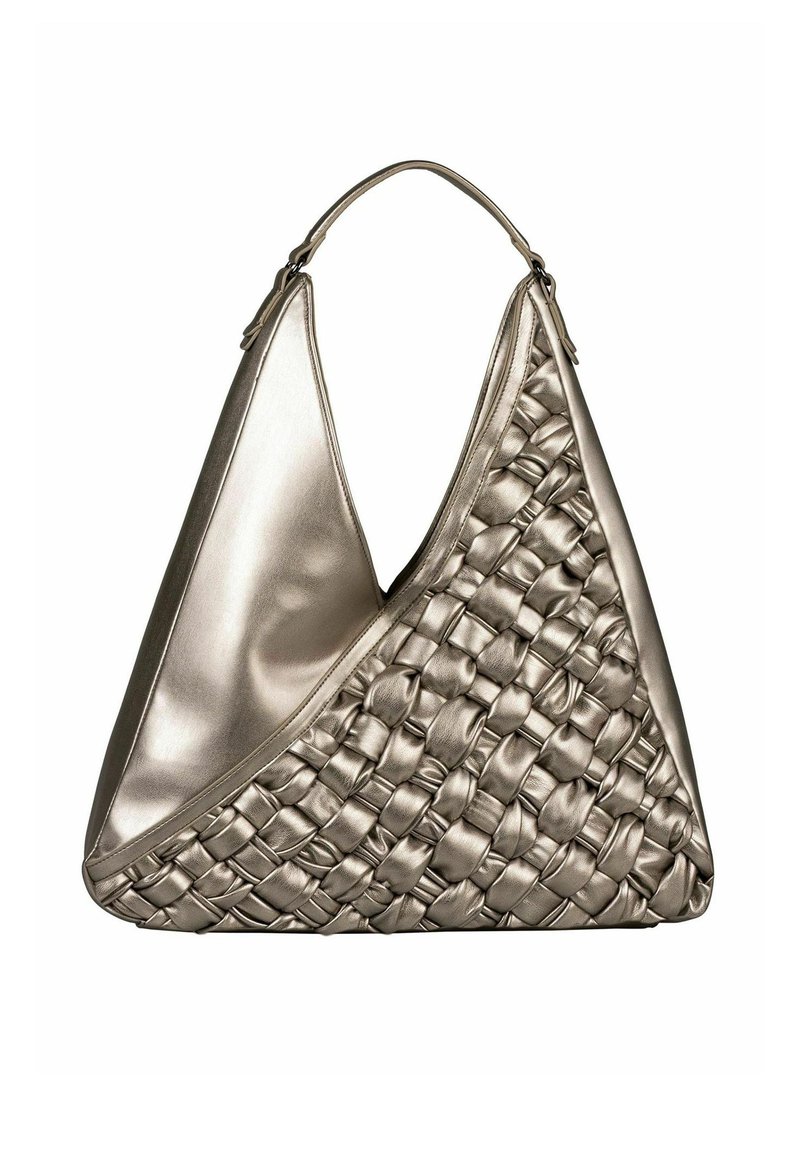 Metallic silver woven handbag with a structured, angular shape. Features a smooth side and a textured, braided design on one half.
