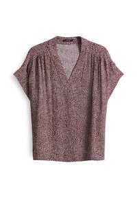Blouse bordeaux à manches courtes, décolleté en V, en tissu léger avec un motif abstrait blanc et des détails froncés sur les épaules.