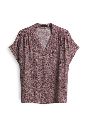 Burgundy blouse with short sleeves, V-neck, lightweight fabric featuring a white abstract pattern and gathered details on the shoulders.