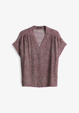 Burgundy blouse with short sleeves, V-neck, lightweight fabric featuring a white abstract pattern and gathered details on the shoulders.