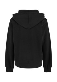 Sudadera negra con un bolsillo canguro frontal, puños y dobladillo acanalados. Incluye capucha con cordón y textura de tela suave y lisa.