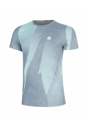 Heren korte mouwen sport-T-shirt in lichtblauw met abstracte donkerblauwe patronen en een klein wit cirkelvormig logo op de borst.