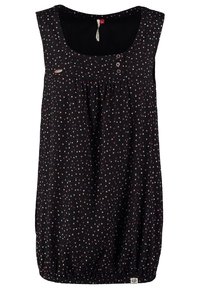 Blouse noire sans manches avec un petit motif à pois multicolores, trois boutons sur le haut de la poitrine et un ourlet élastiqué.