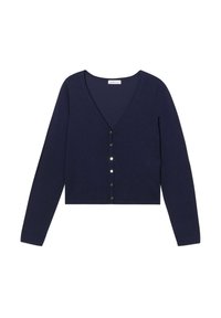 Cárdigan corto navy con mangas largas, escote en V y cierre de seis botones. Textura de punto suave, con acentos de botones brillantes.