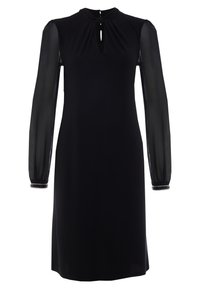 Schwarzes knielanges Kleid mit transparenten langen Ärmeln, Schlüsselloch-Ausschnitt, gerafftem Detail und bestickten Manschetten.