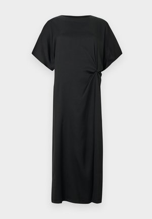 Black knee-length dress made of smooth fabric, featuring a relaxed fit, short sleeves, and a knotted detail on the side.