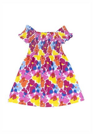 Axelklänning med smockad bodice i ett färgglatt blommönster. Har livliga nyanser av rosa, orange, gult och blått på en ljus bakgrund.