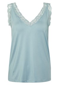 Light blue sleeveless top in soft fabric with a V-neckline. Features lace detailing along the shoulders and neckline. Smooth texture.