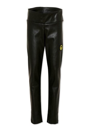 Pantalon ajusté noir effet cuir avec taille haute et petit patch circulaire jaune sur la partie supérieure de la cuisse.