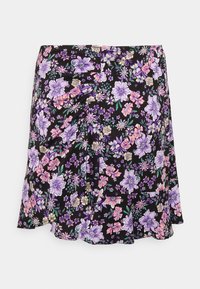 Jupe noire à fleurs avec des fleurs violettes, roses et jaunes. Tissu doux avec une forme évasée et un ourlet en volants pour plus de détail.
