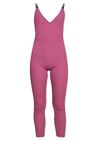 Ärmlös, figursydd rosa jumpsuit med V-hals och svarta logotypförsedda axelremmar, designad för en åtsittande passform över hela benen.