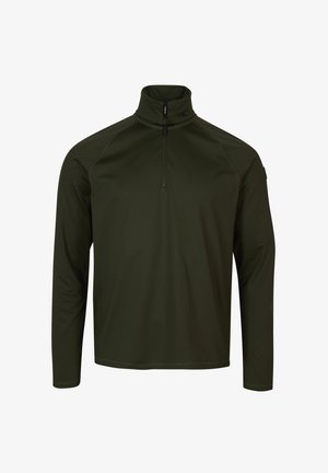 Oliivroheline pika varrukaga kammus, millel on kõrge krae ja neljandik tõmblukk. Valmistatud siledast tekstuuriga kangast, millel on kontrastsed õmblused ja sobivad varrukad.