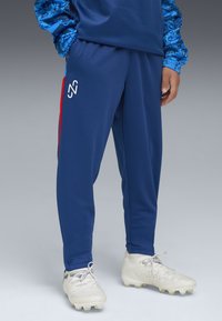 Blaue Sporthosen mit roten Seitenstreifen, elastischem Bund und einem gestickten Logo auf dem Oberschenkel. Getragen mit hellen Fußballschuhen.
