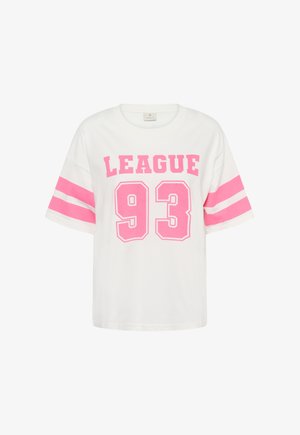 Biały T-shirt z krótkim rękawem, z różowymi paskami na rękawach oraz różowym napisem "LEAGUE 93" na przodzie.