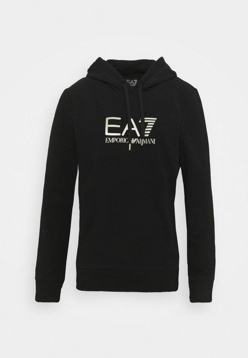 Sweat à capuche noir à manches longues avec cordons de serrage à l'avant et logo blanc Emporio Armani EA7 centré sur la poitrine.