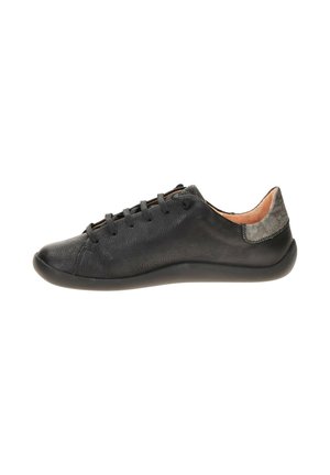Men's black leather lace-up casual shoe with rounded toe and textured gray heel collar, shown from the side on a white background.