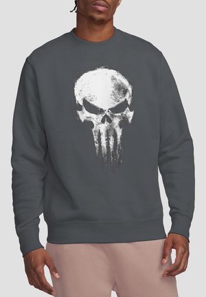 Dark gray sweatshirt featuring a white skull graphic with detailed shading, round neckline, and ribbed cuffs and hem.