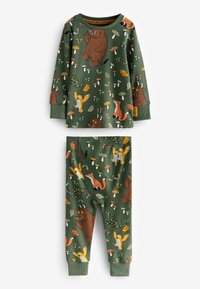Ensemble de pyjama en coton vert comprenant un haut à manches longues et un pantalon, orné de motifs d'animaux colorés et de champignons. Poignets et taille côtelés.