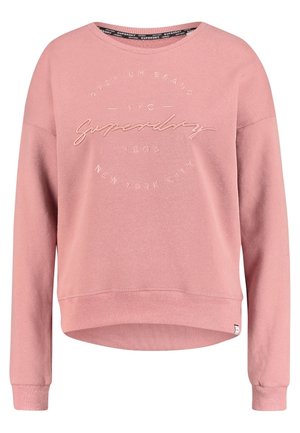 Roze lange mouwen trui met geribbelde manchetten en zoom, met op de voorkant geperst "Superdry NYC 2003 New York City"-tekst.