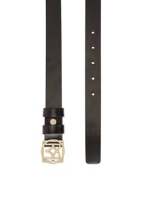 Cinturón de cuero negro con una hebilla rectangular en tono dorado que presenta un diseño de corte geométrico. Con doble pasador y múltiples agujeros de ajuste.