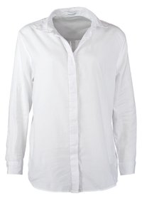 Chemise blanche à manches longues avec boutons et col, déboutonnée en haut, présentée sur un fond blanc uni.