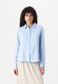 Light blue and white striped long-sleeve shirt with a collar, button front, and cuffs. Smooth fabric with a slightly loose fit.