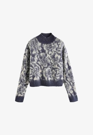 Marineblauer und cremefarbener cropped Pullover mit einem strukturierten Strickmuster, hohem Kragen und langen Ärmeln. Blumendesign über den gesamten Stoff.