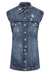 Denimvest, blå färg, ärmlös design, slitstark textur, framknäppning med knappar, två bröstfickor med klaff och sidfickor.