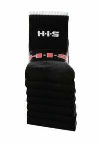 Chaussettes de crew noires empilées en pyramide, fabriquées en matériau doux. Chaque chaussette présente un poignet côtelé et arbore un logo blanc "H.I.S" à l'avant.
