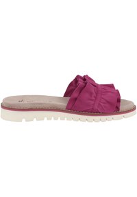 Pink fabric slide sandal with gathered design on the upper, white textured sole, and contrasting pink trim along the edge.