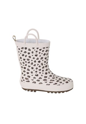 Child’s white rain boot with black and brown leopard spots, two pull handles, and a textured brown sole.