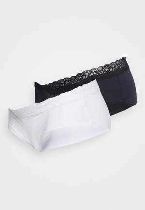 To par med truser, en hvit og en svart. Begge har en delikat blondekant langs livet. Glatt stoff, elastisk design.