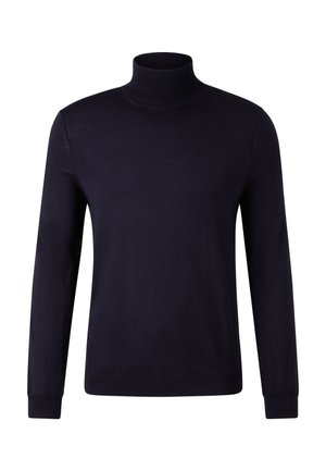 Marineblauer Rollkragenpullover aus weichem Stoff, mit langen Ärmeln, engem Kragen und glatter Textur ohne sichtbare Muster oder Details.