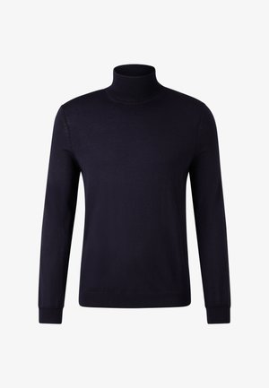 Marineblå rullekrave trøje lavet af blødt stof, med lange ærmer, en tætsiddende krave og en glat tekstur uden synlige mønstre eller detaljer.