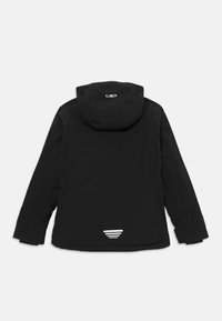 Svart hettegenser med lange ermer, reflekslogo på hetten og fem horisontale refleksstriper nær nedre del av ryggen.